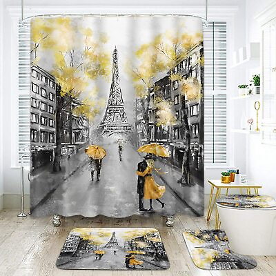 #ad 4 Pcs Shower Curtain Set Oil Painting Paris European City Landscape Yellow Mo... $44.92