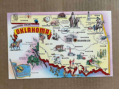 #ad Postcard Oklahoma OK State Map Greetings Flag Cowboy Vintage PC $4.29