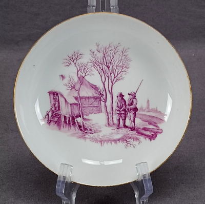 #ad Meissen Dot Period Hand Painted Puce Men Fishing Saucer C.1763 1774 $295.00