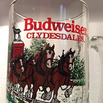 #ad Budweiser King Of Beers Clydesdales 32 oz Glass Holiday Beer Mug Stein 1991 $14.98
