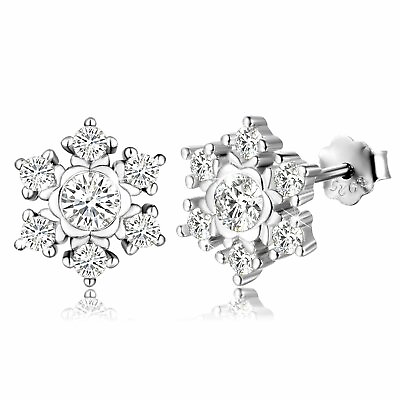 #ad 925 Sterling Silver CZ Snowflake Ear Stud Earrings Cubic Zirconia Xmas Jewelry $12.99