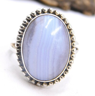 #ad 7.0 Gm 925 Solid Sterling Silver Blue Lace Agate Cab Stone Fine Ring 8 US M 2503 $23.50