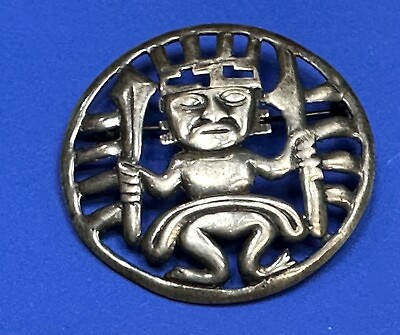 #ad Tribal Chief Man Figure Aztec? unknown to me Sterling Brooch Pin $45.00