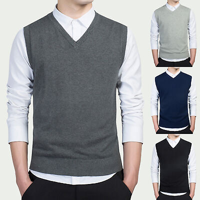 #ad Men Autumn Winter Solid Color Sleeveless V Neck Knitted Sweater Business Vest FE $15.49