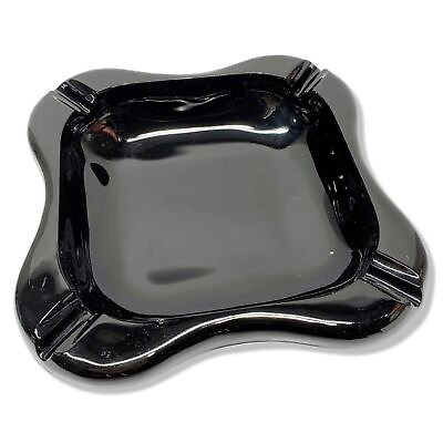 #ad Vintage Black Solid Glass Large Ashtray 9” MCM $95.00