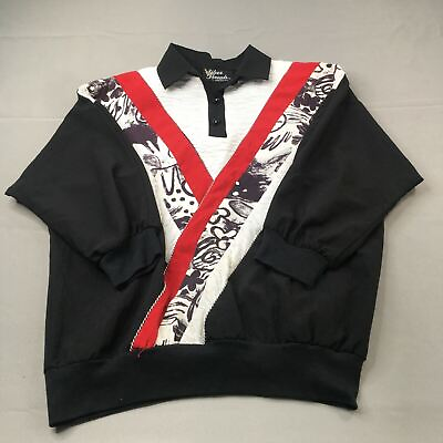 #ad Silver Thread Shirt Womens Medium Black Red White Batwing Collared Pullover VTG $11.24