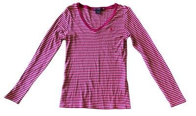 #ad Ralph Lauren Sport Shirt Womans Medium Purple White Long Sleeve Stripe Essential $5.30