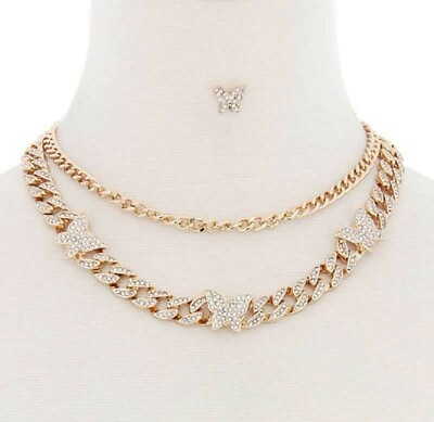 #ad GOLD CHAIN NECKLACE SET BUTTERFLIES CLEAR STONES $28.95