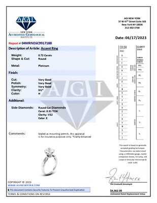 #ad 1.03ctw H SI1 Round Brilliant Natural Certified Diamonds Platinum Accent Ring $2112.34