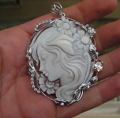 #ad VINTAGE Silver Gold CAMEO SHELL SARDONYX WELL CARVED MADE IN ITALY lady flowers $237.99
