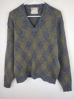 #ad Vintage Brentwood Sweater Mens L Green Wool Blend Pullover V Neck 60s $32.00