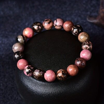 #ad Natural Rhodonite Stone Bracelet Pink Black Gemstone Elastic Bracelet Handmade $10.90