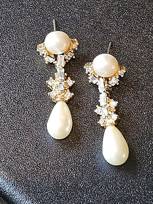 #ad Goldtone Crystal And Faux Pearl Drop Earrings $14.00