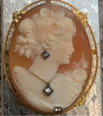 #ad Antique 14k Gold Cameo Brooch Pendant With Diamonds In Ear and Necklace $1200.00