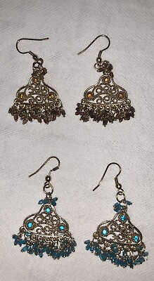 #ad Gold Color Chandelier Earrings for Women Jewelry Blue Gold Brown Two Pairs $8.00