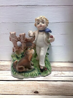 #ad Vintage Arnhart Porcelain Figurine Victorian Boy With Dog Along Fence 4” $17.95
