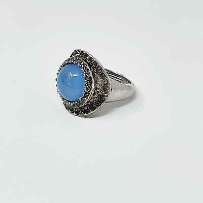 #ad Blue Gemstone and Rhinestone Silver Tone Chunky Cocktail Ring Womens Size 6.5 $15.00