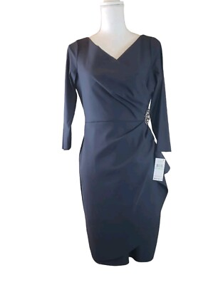 #ad Alex Evenings Dress 8 Formal Embellished Ruched Compression Sheath Gray Blue Zip $75.00