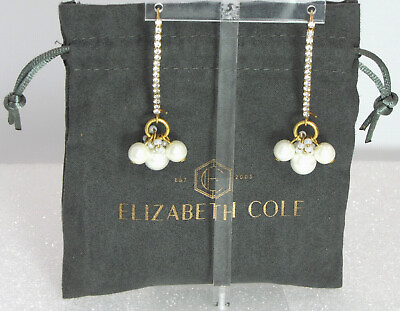 #ad Elizabeth Cole Pearl Crystal Drop Earrings Elongated Hook 24k gold plate NWT $48.00