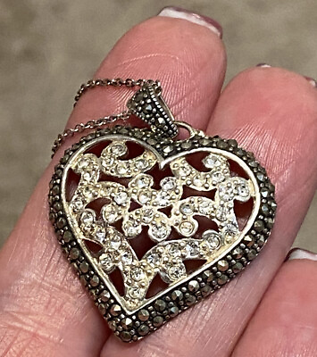 #ad OXIDIZED STERLING MARCASITE amp; PAVE’ CRYSTAL HEART PENDANT W CHAIN $24.99