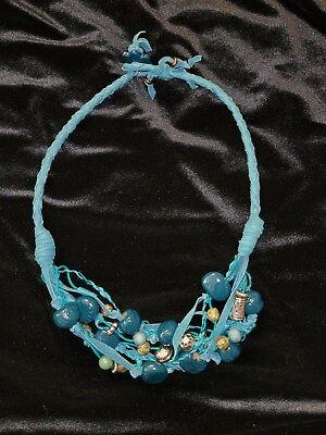 #ad Leather Aqua 25quot; Beaded Necklace Boho Hippie Statement Estate 70#x27;s Handmade $12.50