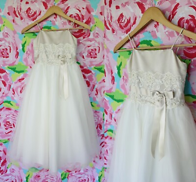 #ad David#x27;s Bridal Champagne lace bead tulle flower girl Pageant princess dress 6 $49.00