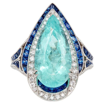 #ad Aqua Pear Topaz Ring For Her CZ Silver Lab Sapphire Evening Hadnamde Jewelry $267.02