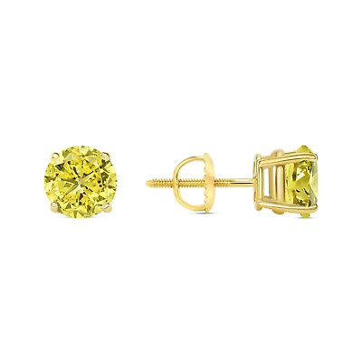 #ad 2 Ct Round Canary Created Diamond Earring Stud Real 14K Yellow Gold Basket Screw $199.96