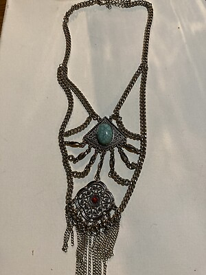 #ad bolo bohemian gypsy chain stone necklace blue turquoise and red stones $12.00