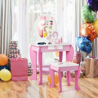 #ad Durable Kids Wooden Makeup Dressing Table and Chair Set with Mirror and Drawer $142.40