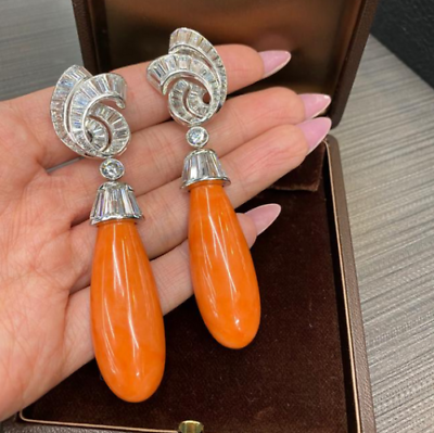 #ad 15 TCW Coral amp; White Cubic Zirconia Hanging Drop amp; Dangle Fashion 925SL Earring $414.75