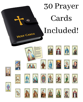 #ad BLACK Prayer Card Holder WITH 30 Essential Catholic Christian Prayer Holy Cards $21.99