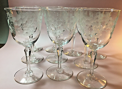 #ad Vtg. Libbey Water Goblet Glass GLENMORE WATER GOBLET Etched BLOWN GLASS Lot 10 $85.00