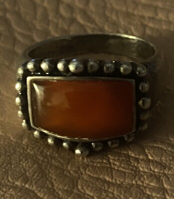 #ad Vintage Signed Carnelian Agate Sterling Silver Ring 6.5 Band Stone Orange Beauty $39.99