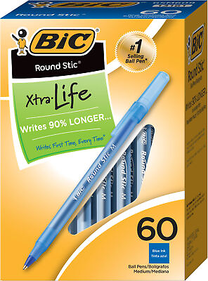 #ad BIC Round Stic Xtra Life Ball Pen Medium Point 1.0 mm Blue 60 Count $7.99