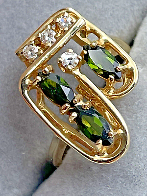 #ad 14k Yellow Gold Ladies Modern Design Ring Green Tourmaline amp; Diamonds Size 4 1 2 $229.95