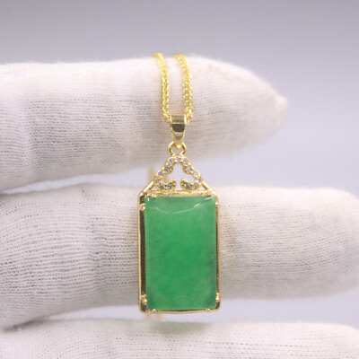 #ad Luxury 18K Yellow GP with Green Jade Rectangle Pendant 1.30quot; Long $4.16