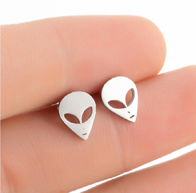#ad Unisex Titanium Tiny Punk Alien Head Silver Gold Black Stud Earrings $9.99