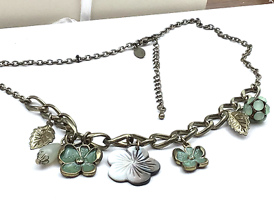 #ad Cookie Lee Necklace Carved MOP Flower Pendant Green Enamel Charm Choker NO OFFER $5.00