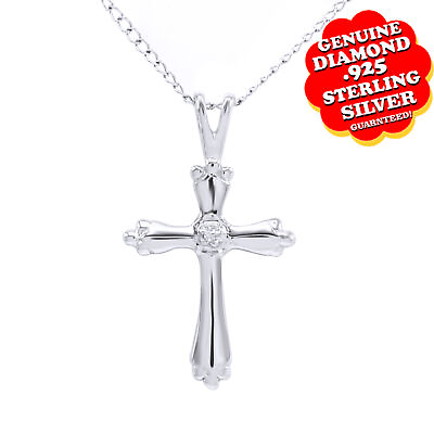 #ad Sterling Silver Natural Diamond Cross Pendant With 18quot; Chain Necklace Q078 $120.71