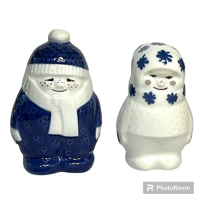 #ad Vintage Porsgrund Winter Porcelain Figures Norway Boy Girl White Blue Snowflake $21.99
