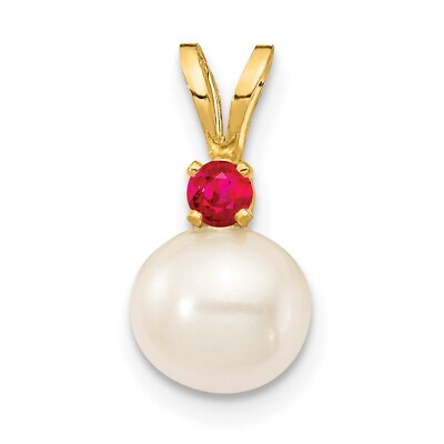 #ad 14K Yellow Gold 7 7.5mm White Round Freshwater Cultured Pearl Ruby Pendants $93.95