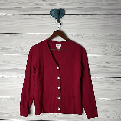 #ad Chicos Silk Blend Cherry Red V Neck Button Down Cardigan Sweater SZ 0 US Medium $24.12