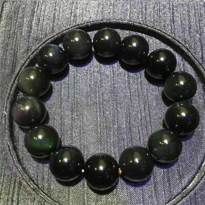 #ad 1pcs Natural 10mm Black Obsidian Rainbow Gemstone Round Beads Stretch Bracelet $3.51
