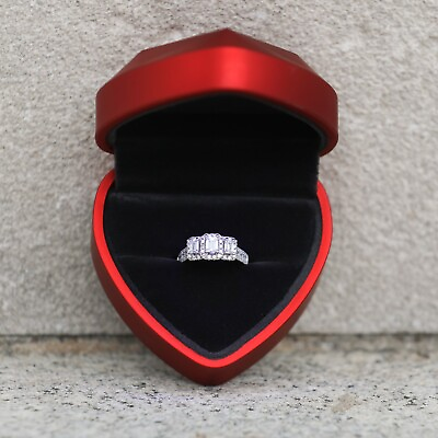 #ad 14k White Gold Three Stone Emerald Cut Diamond Engagement Ring w Band 1.5 Ct $1500.00