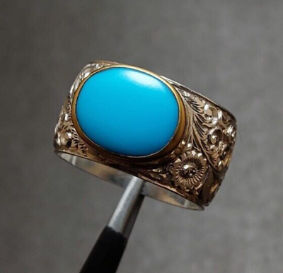 #ad Natural Nishapur Turquoise Feroza Ring Sterling Silver 925 Handcrafted Rare ring $390.00