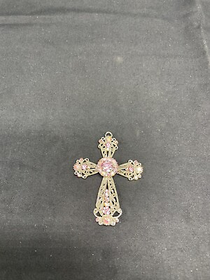 #ad Vintage Cross Pendant Silver Tone Rose Pink Glass Stones Beautiful Piece 2.5” $14.99