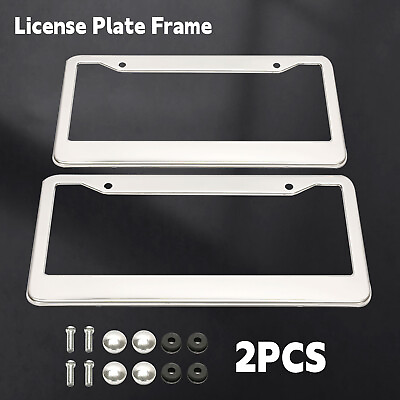 #ad 2PCS Stainless Steel Universal Chrome License Plate Frame tag cover screw caps $6.90