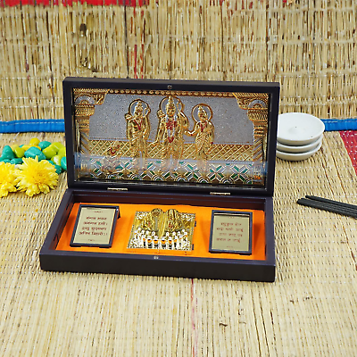 #ad Gold Plated Ram Darbar Ram Lakshman Sita Photo Frame with Charan Paduka for Pooj AU $90.34