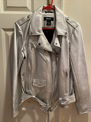#ad DKNY Silver Leather Jacket Women’s $100.00